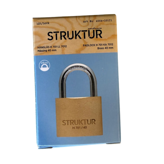 Struktur hänglås H701 mässing 40mm framsida av förpackning med produktbild
