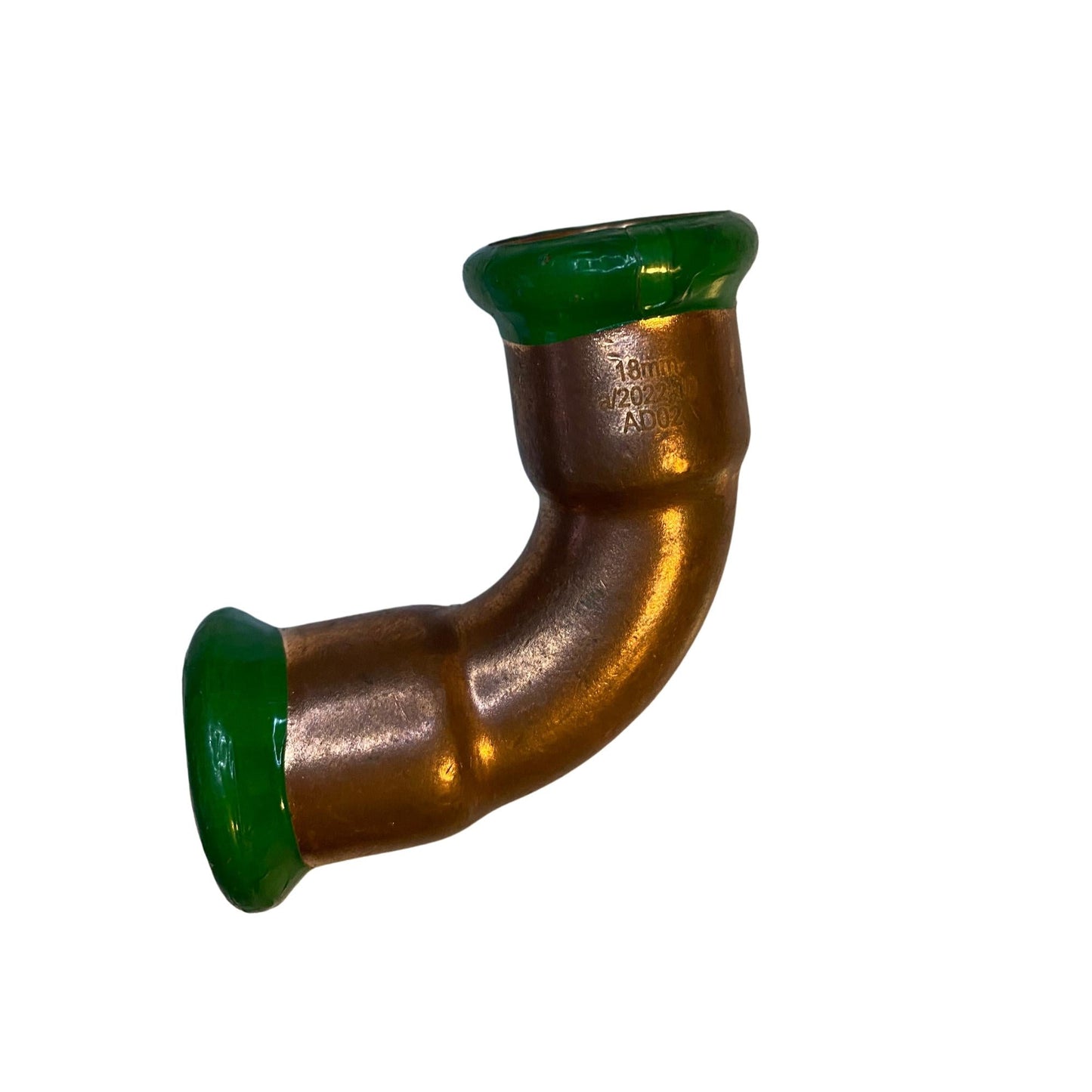 Pressböj i koppar 18 mm med två muffar och gröna skyddslock
