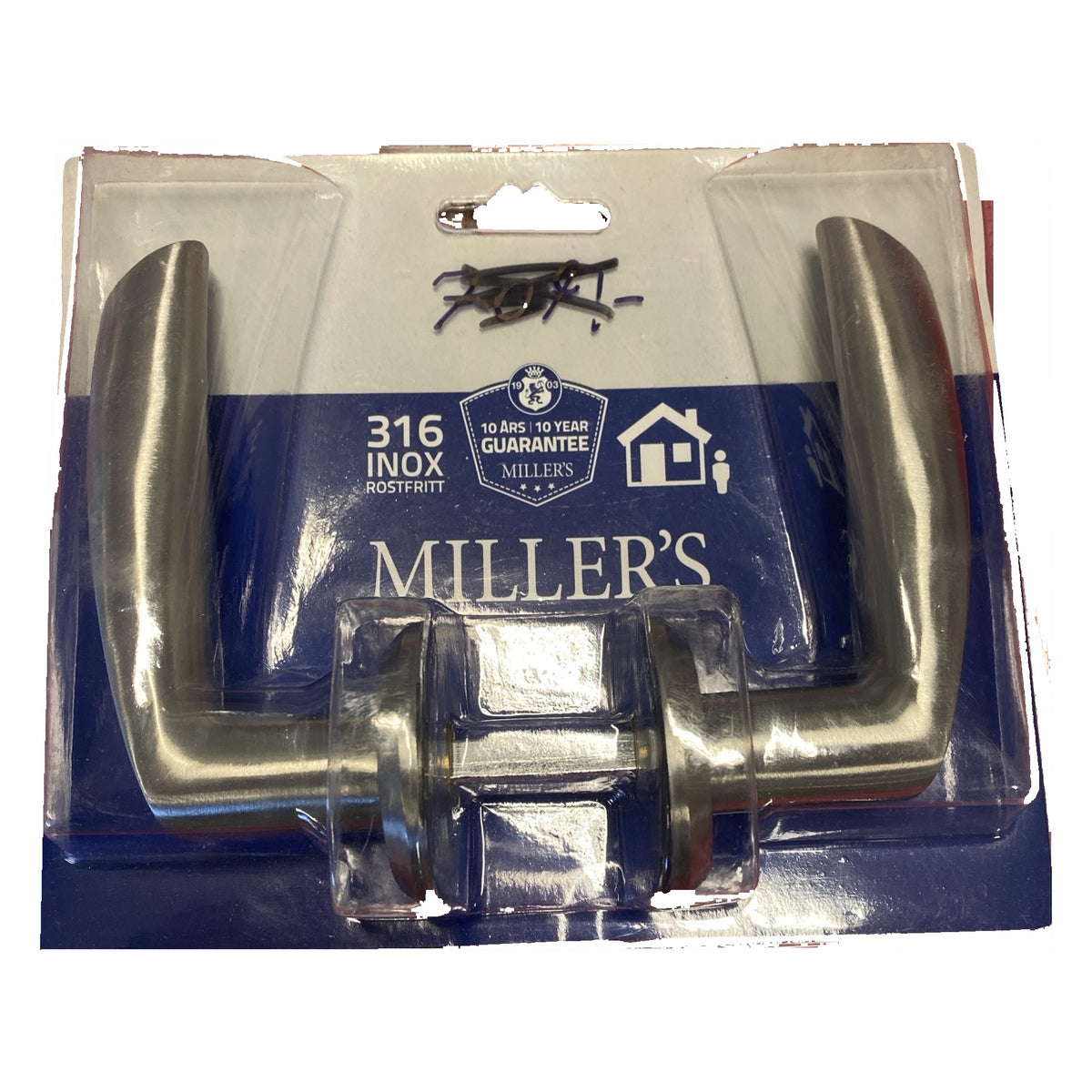 Miller's 1226-RFR-SB ytterdörrhandtag i rostfritt stål 316 i förpackning