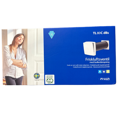 Friskluftsventil TL80C dBs förpackning med produktbild i sovrum