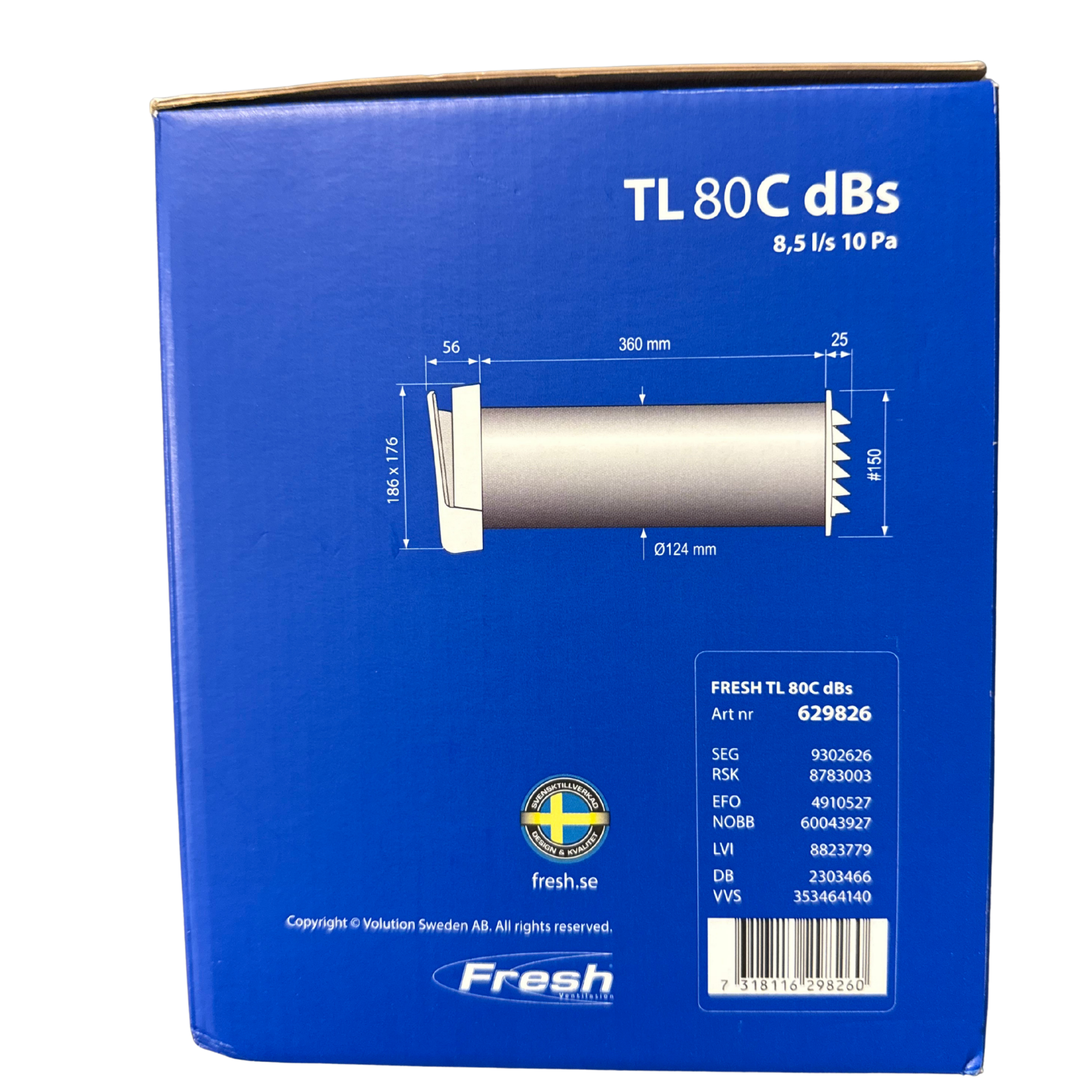 Friskluftsventil TL80C dBs mått och tekniska specifikationer