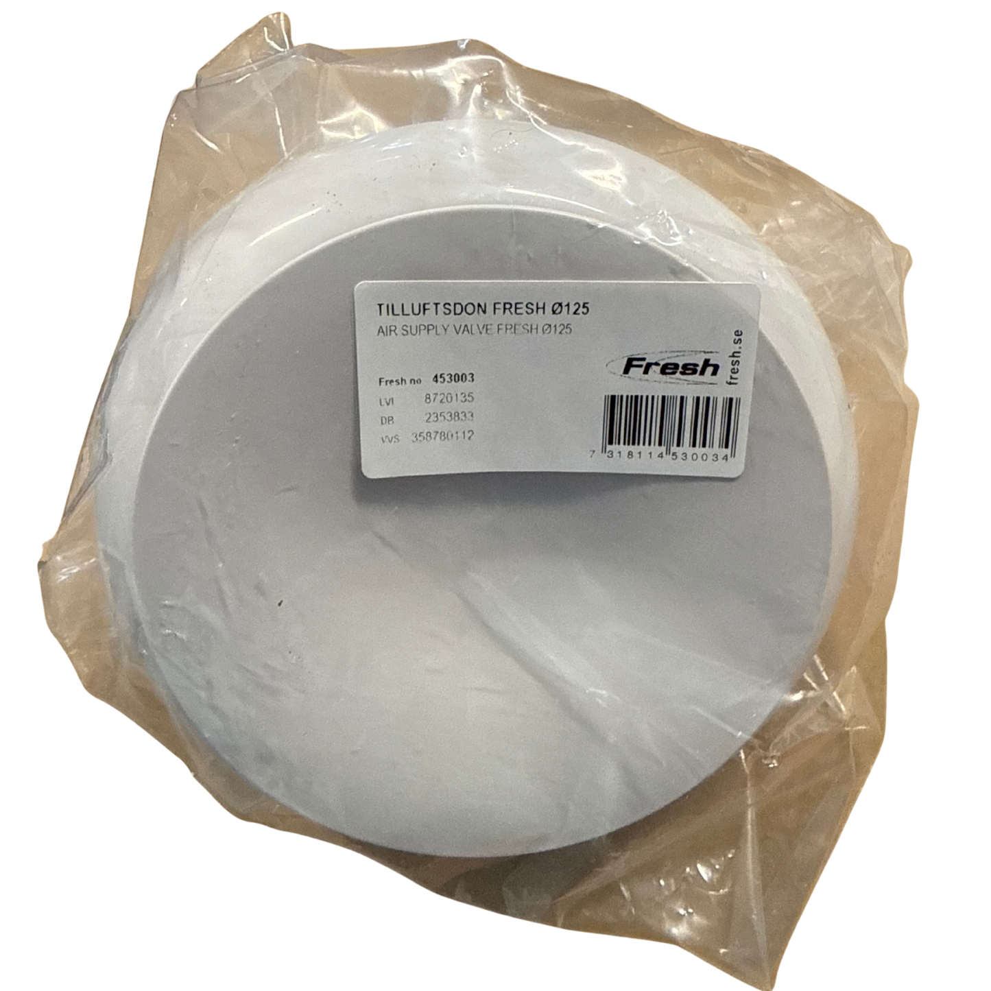Tilluftsdon plast vit Ø125 mm i förpackning framifrån