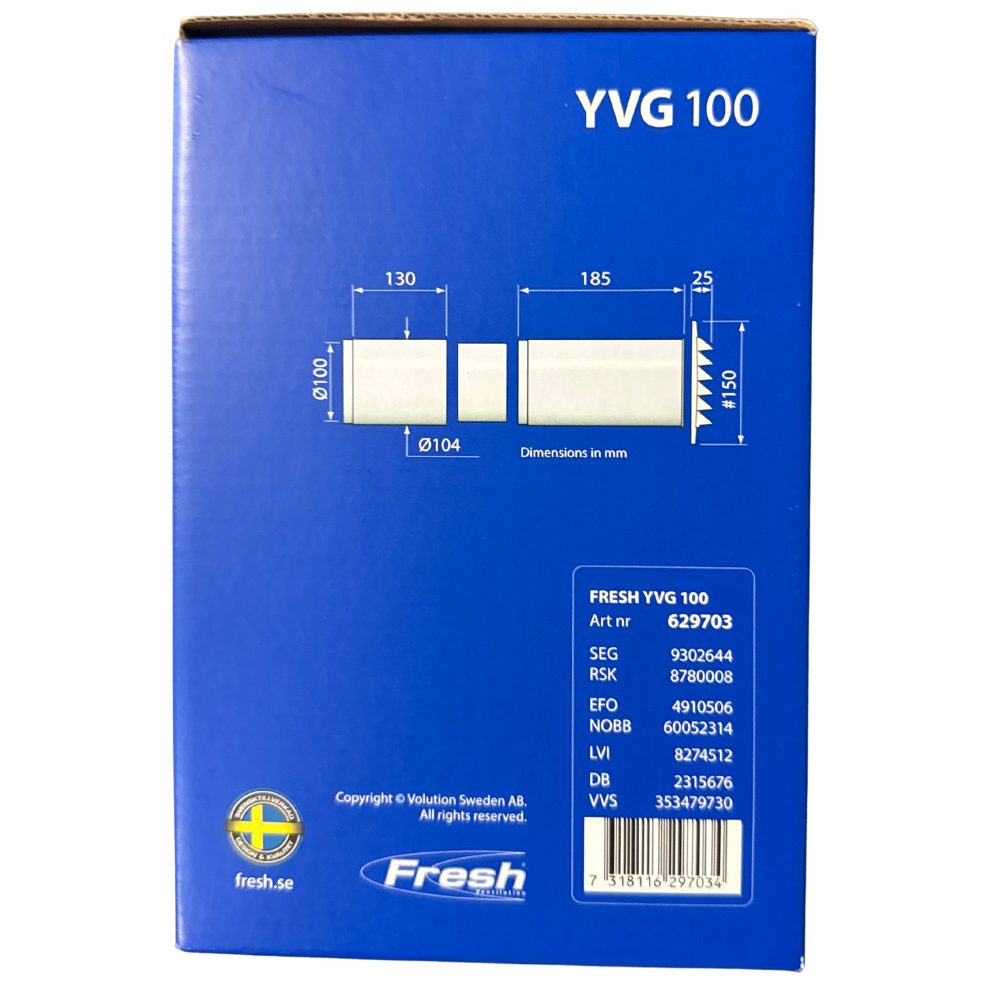 Genomföringspaket YVG 100 Fresh med måttritning och artikelnummer