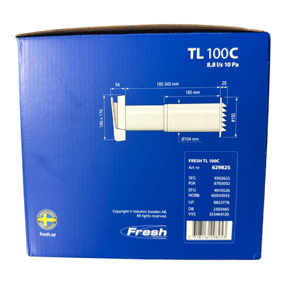 Friskluftsventil TL 100C Fresh med måttritning och artikelnummer