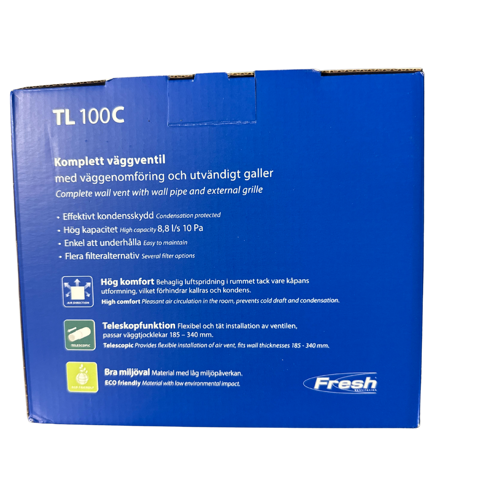 Friskluftsventil TL 100C Fresh med produktegenskaper på förpackningen