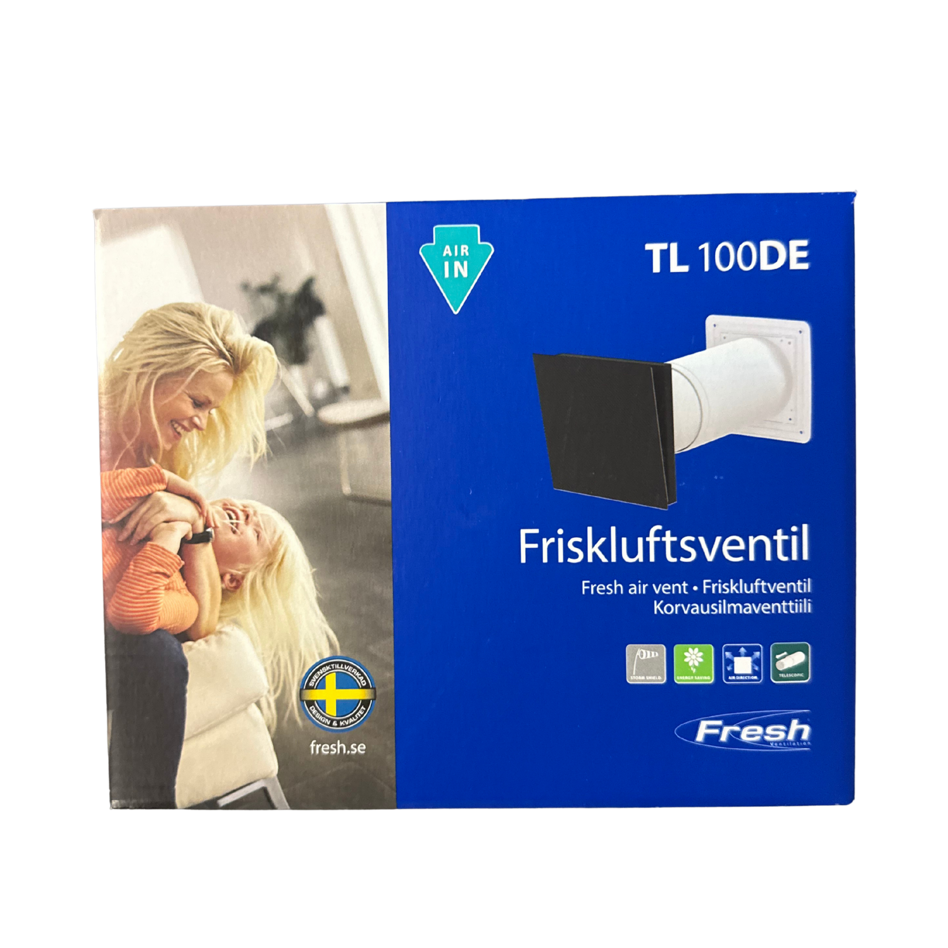 Friskluftsventil TL 100DE Fresh i originalförpackning, framsida med svart kåpa