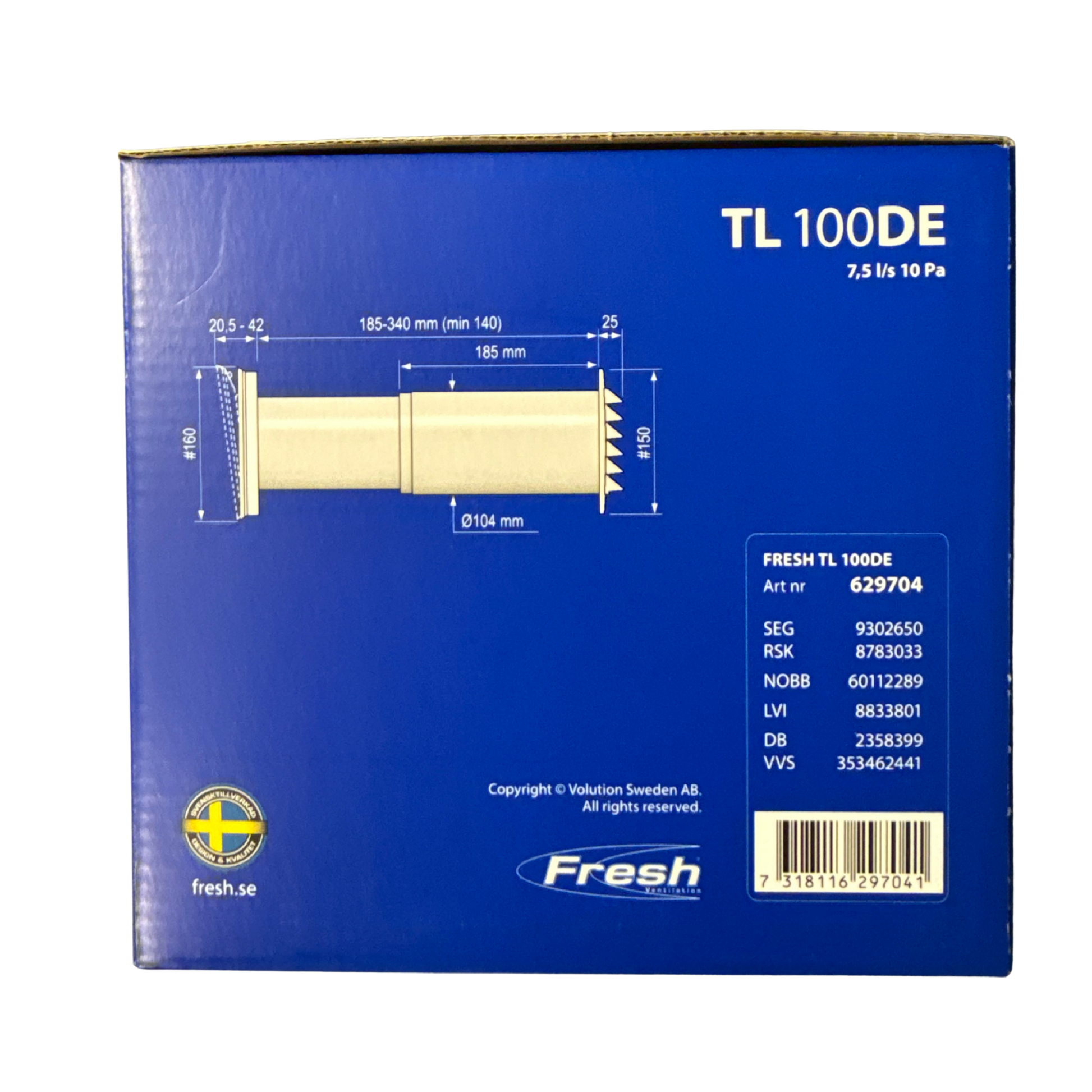 Friskluftsventil TL 100DE Fresh med måttritning och artikelnummer