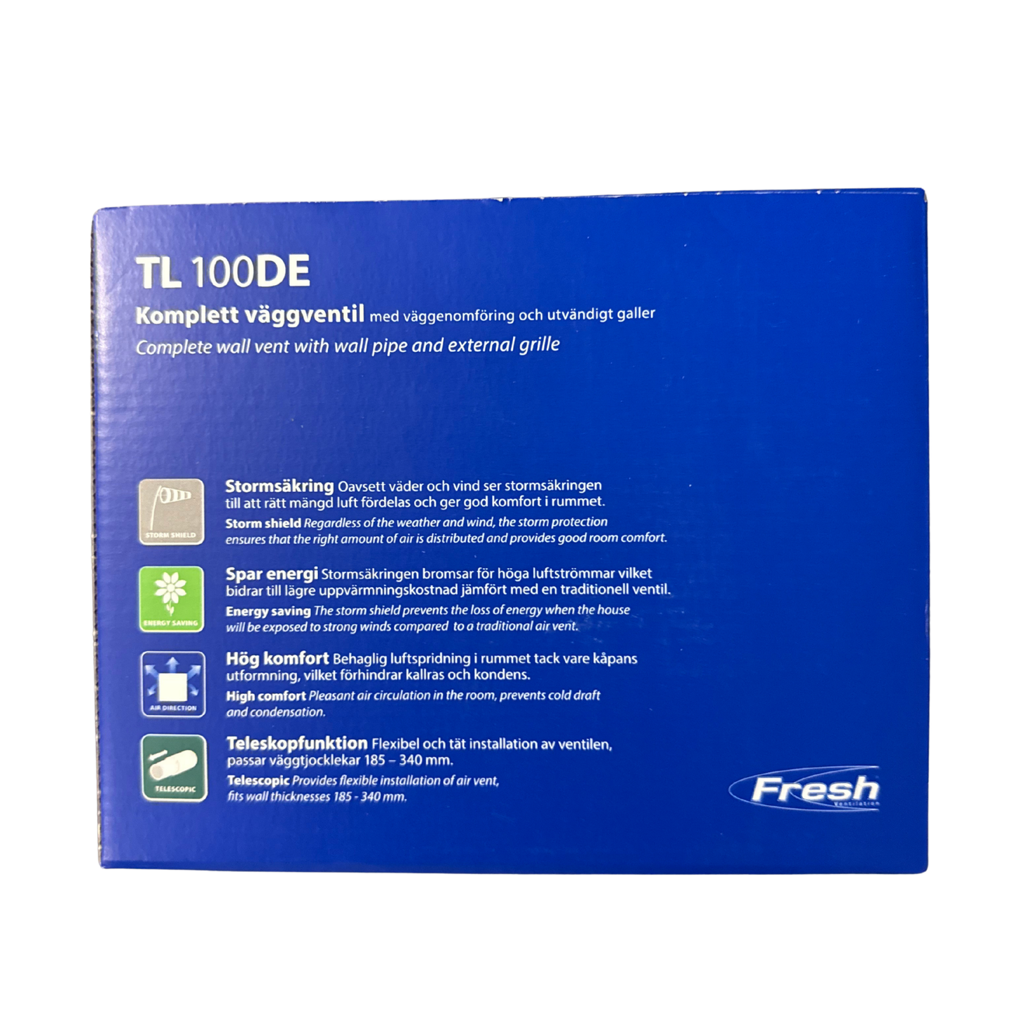 Friskluftsventil TL 100DE Fresh med produktegenskaper på förpackningen