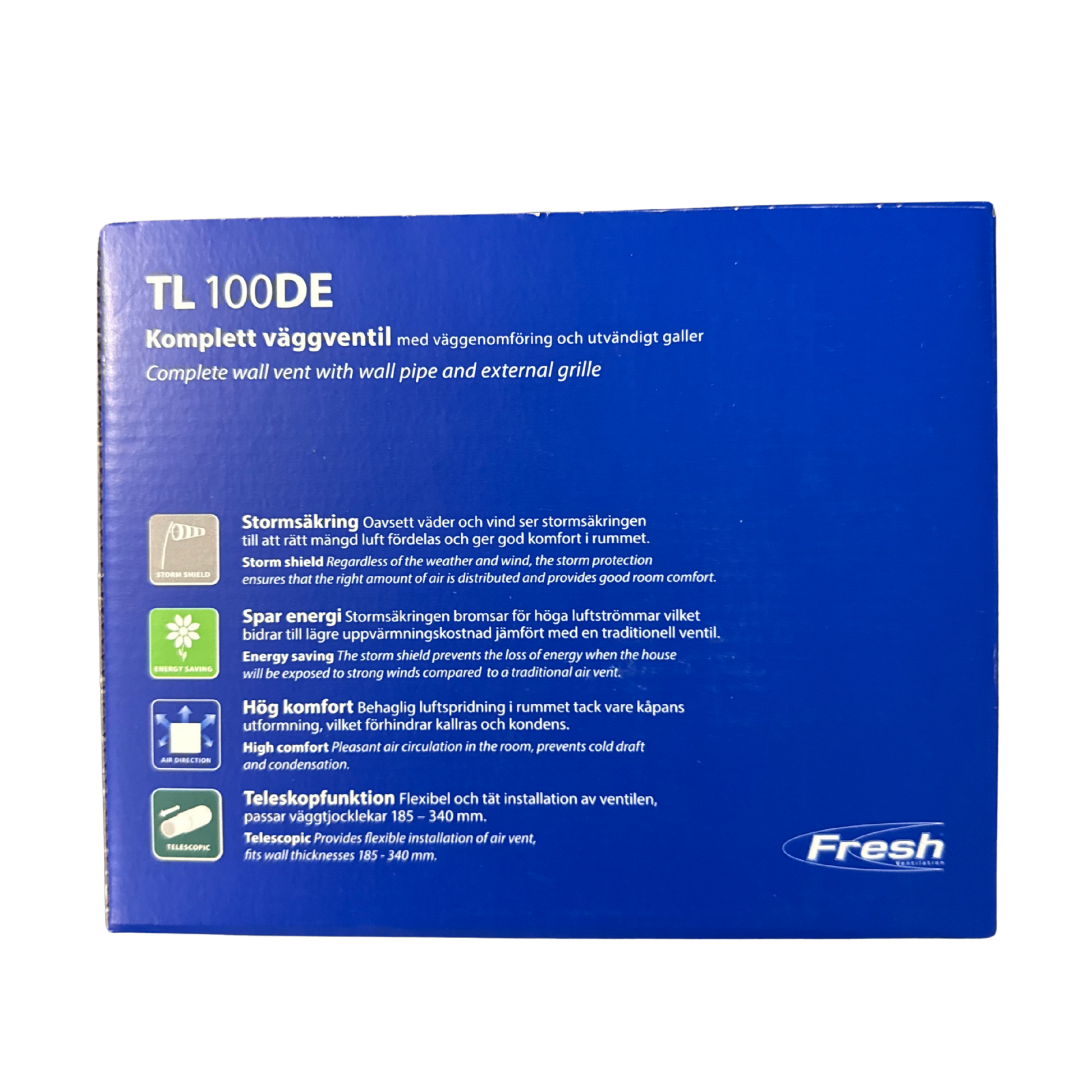 Friskluftsventil TL 100DE Fresh med produktegenskaper på förpackningen