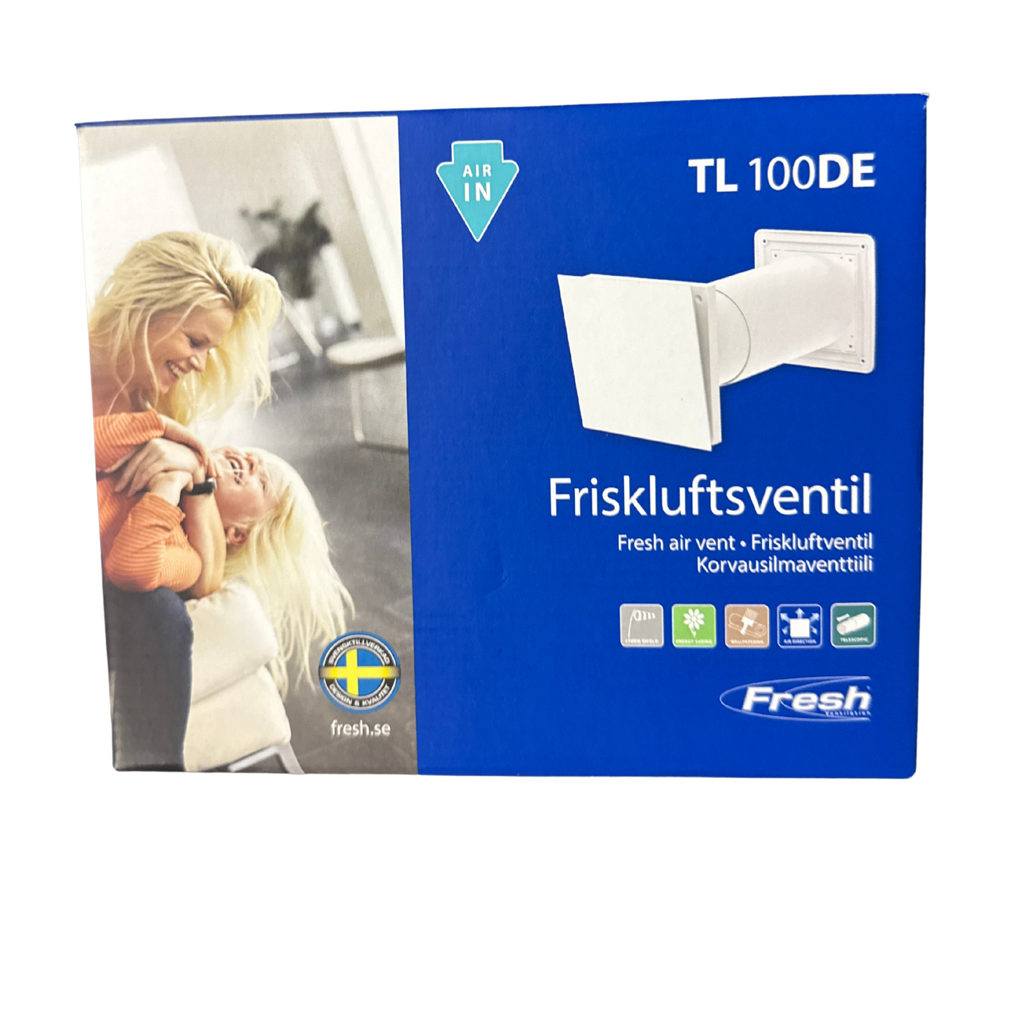 Friskluftsventil TL 100DE Fresh i originalförpackning, framsida med vit kåpa