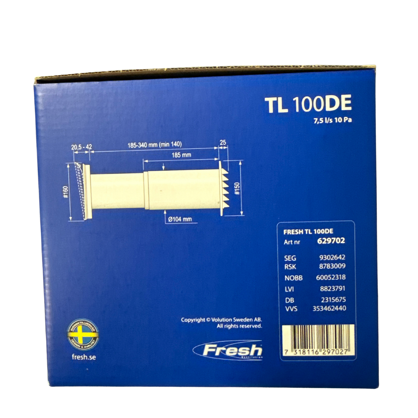 Friskluftsventil TL 100DE Fresh med måttritning och artikelnummer
