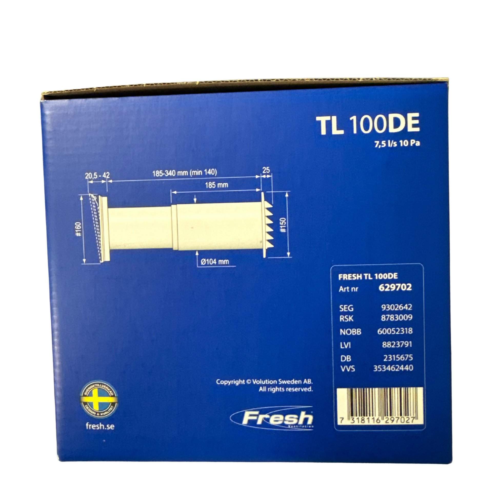 Friskluftsventil TL 100DE Fresh med måttritning och artikelnummer