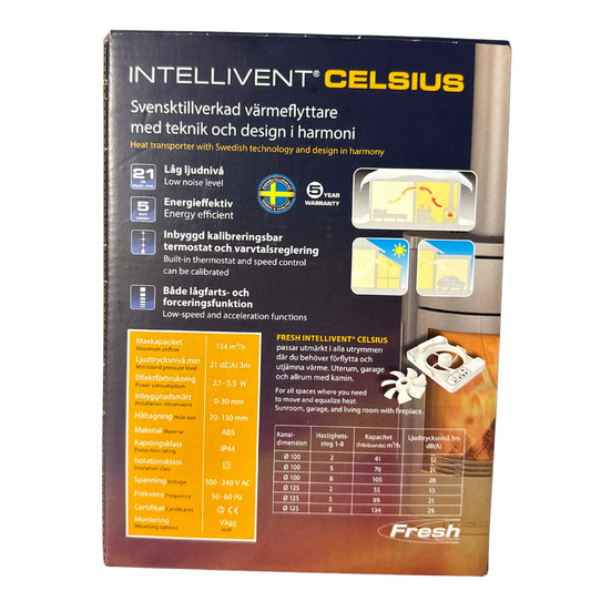 Värmeflyttare Intellivent Celsius Fresh med tekniska specifikationer och kapacitetstabell
