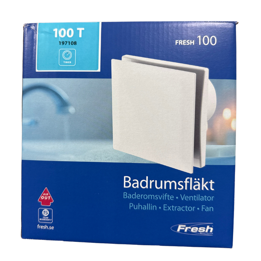 Badrumsfläkt Fresh 100 T med måttritning och tekniska specifikationer