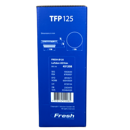 Luftdon TFP 125 Fresh med måttritning och artikelnummer