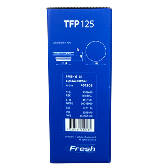 Luftdon TFP 125 Fresh med måttritning och artikelnummer