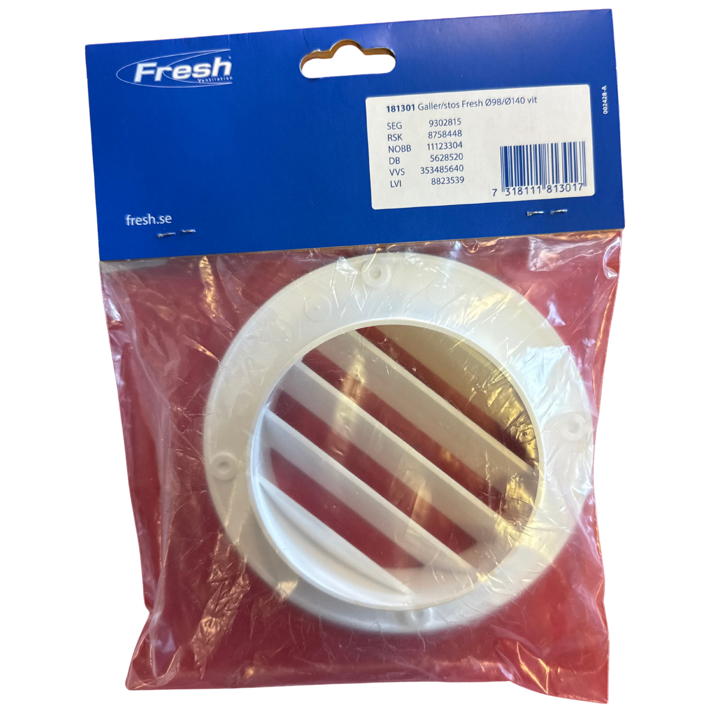 Baksida av förpackning med produktbenämning, artikelnummer och streckkod för runt väggaller