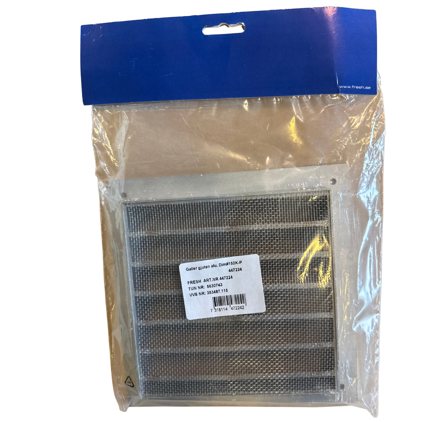 Ventilationsgaller gjuten aluminium 150 mm baksida med produktetikett