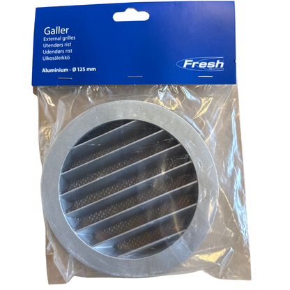 Runt ventilationsgaller i gjuten aluminium Ø125 mm i förpackning