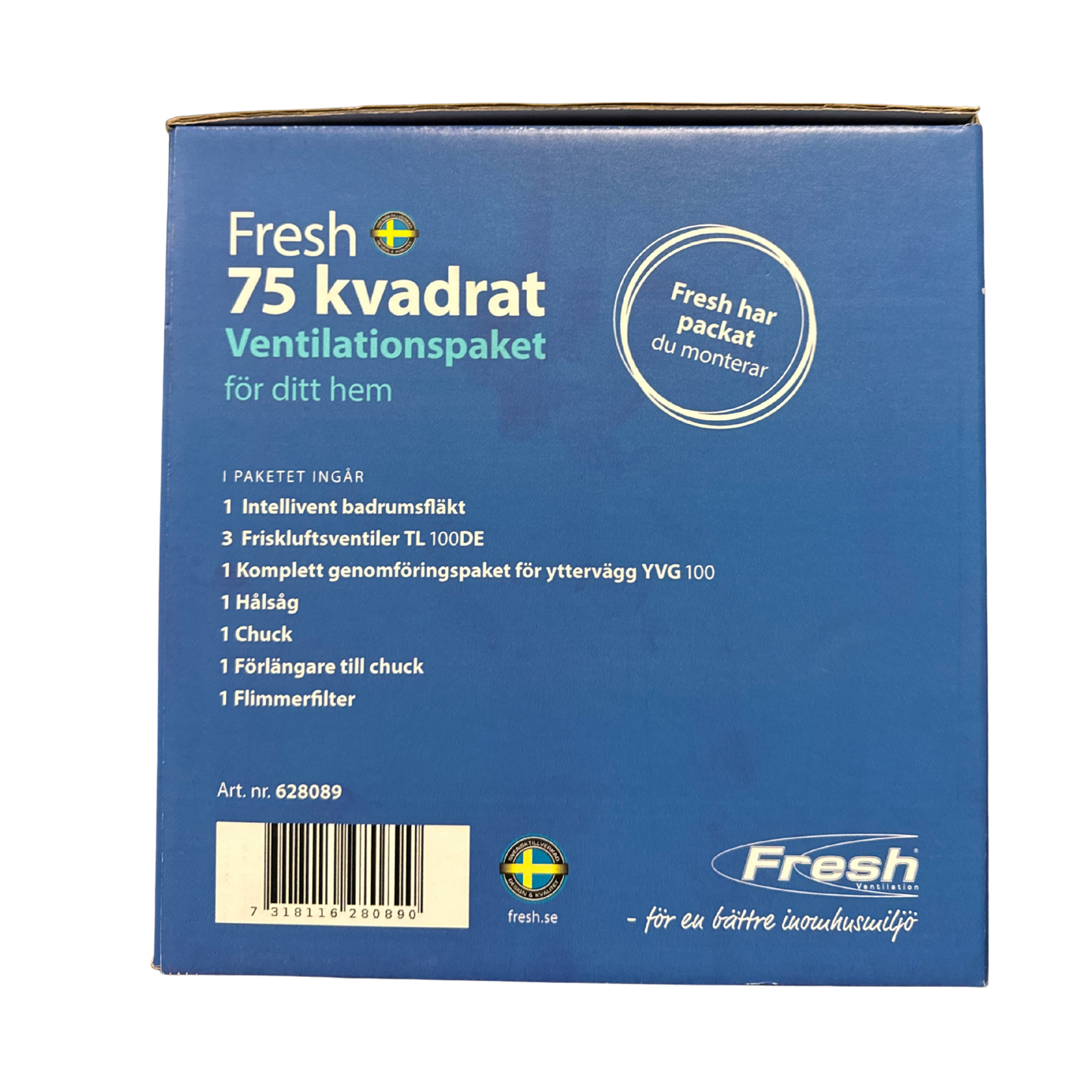 Ventilationspaket Fresh 75 kvadrat baksida med innehållslista och artikelnummer