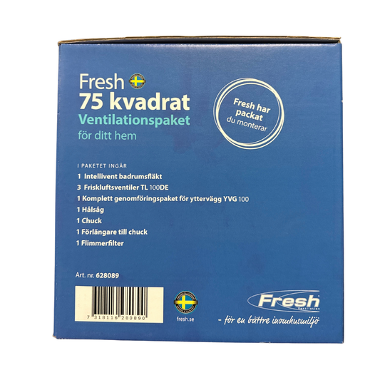 Ventilationspaket Fresh 75 kvadrat baksida med innehållslista och artikelnummer