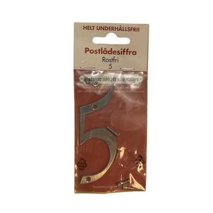 Postlådesiffra 5 i borstat rostfritt stål 70 mm i förpackning med skruvar och muttrar