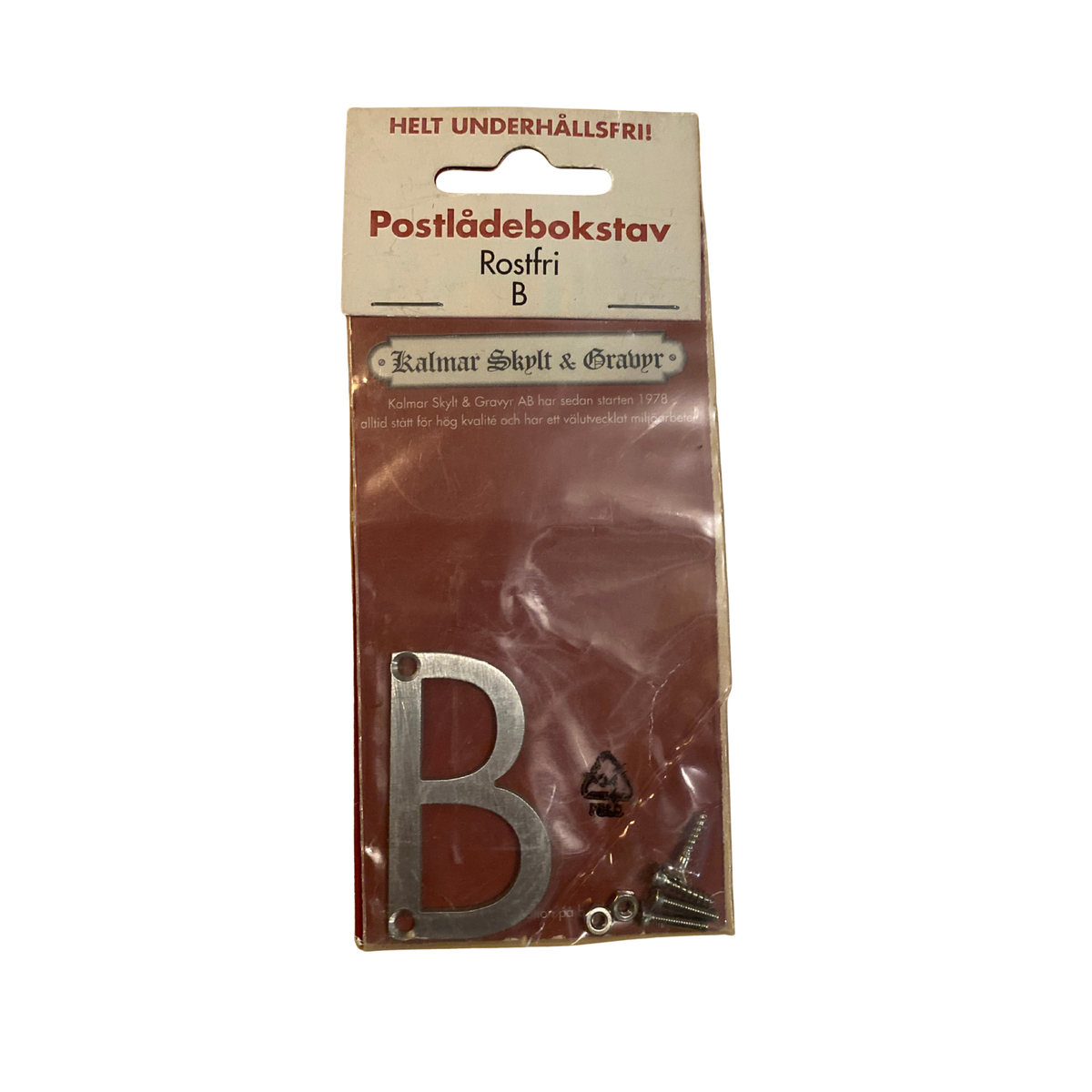 Postlådebokstav B i borstat rostfritt stål 50 mm i förpackning med skruvar och muttrar