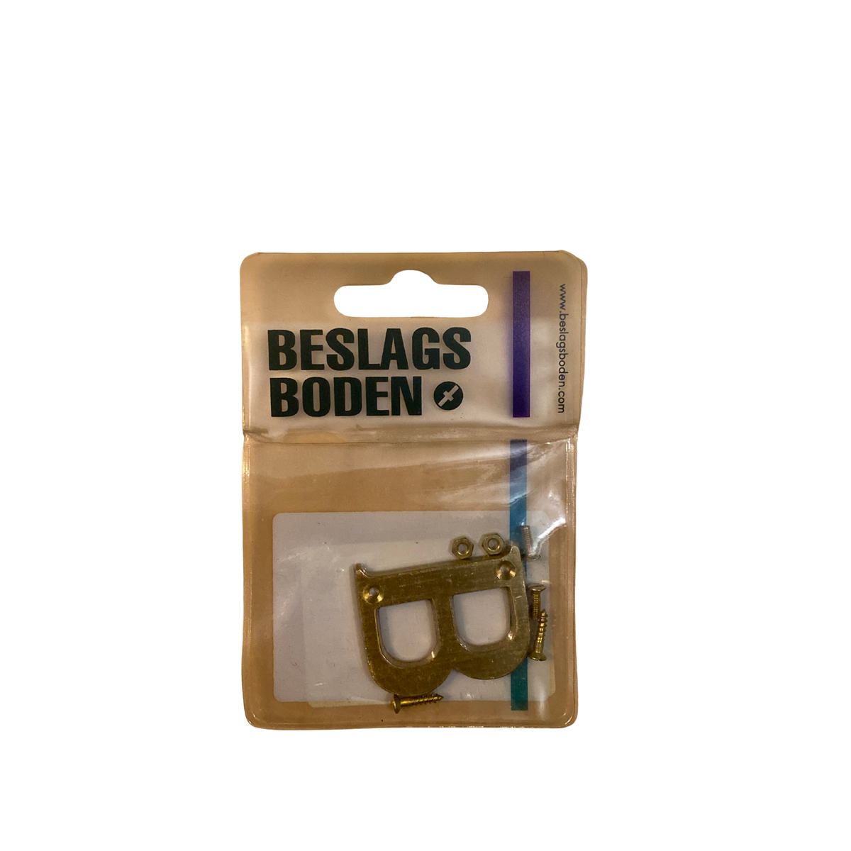 Brevlådebokstav B med mattborstad mässingsfinish, 40 mm, i förpackning med skruvar och muttrar