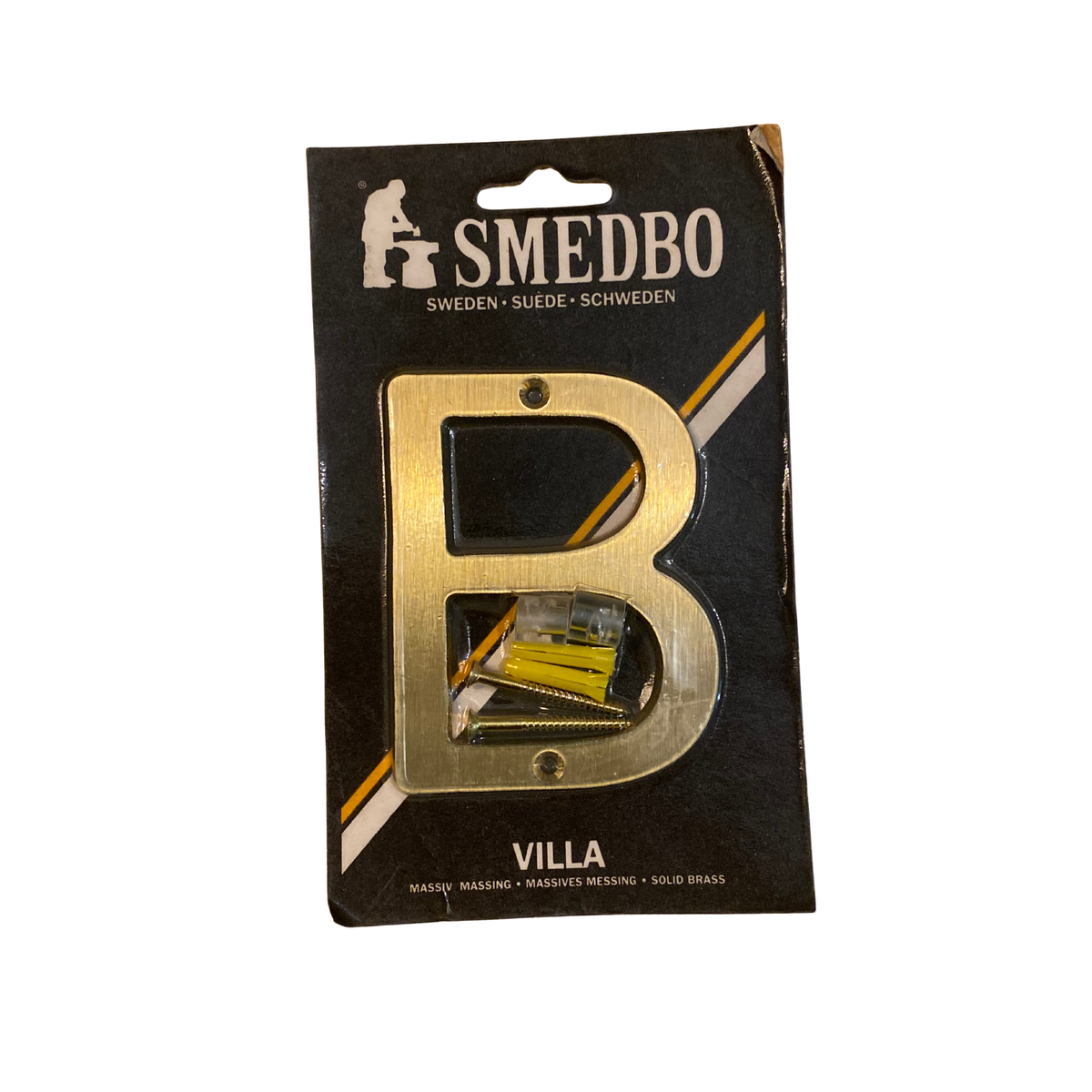 Husbokstav B Villa i mattborstad massiv mässing, 105 mm, i förpackning med skruv, plugg och distanser