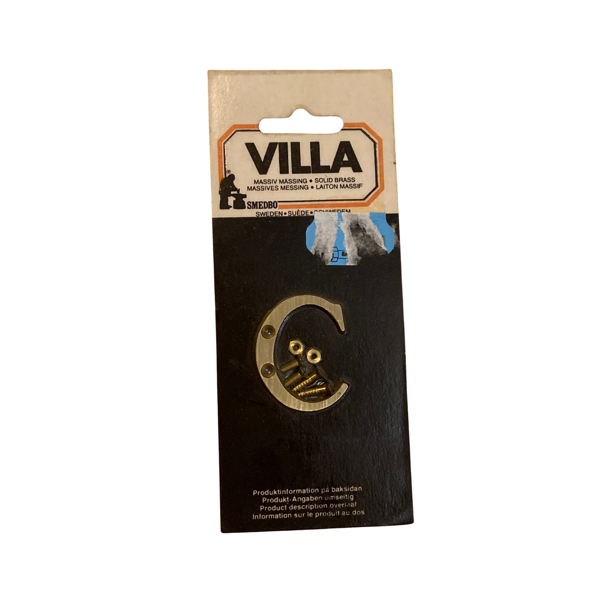 Brevlådebokstav C Villa i massiv mässing, 40 mm, i originalförpackning med skruvar och muttrar