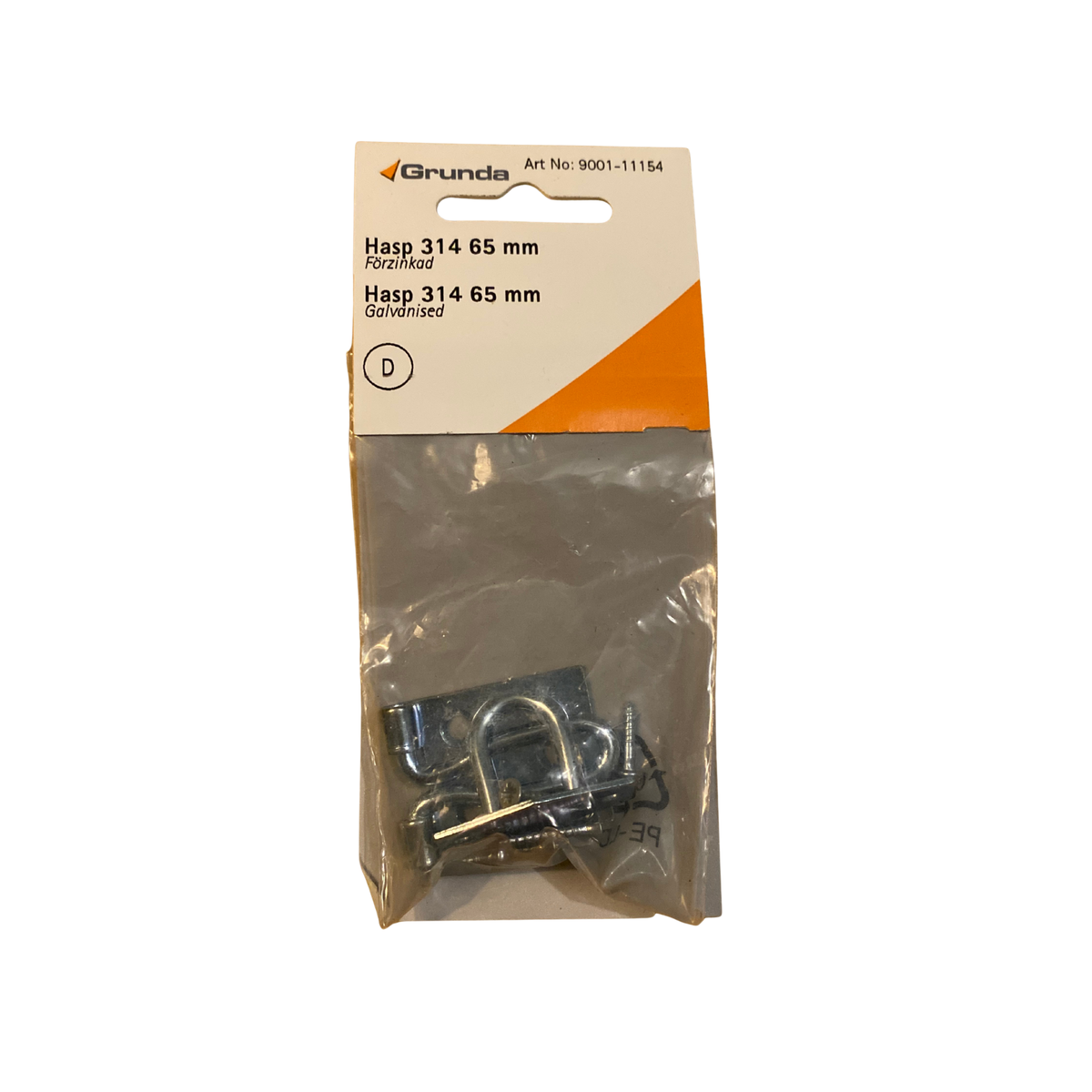 Hasp 314 förzinkad 65 mm med ögla, bygel och monteringsskruvar i originalförpackning