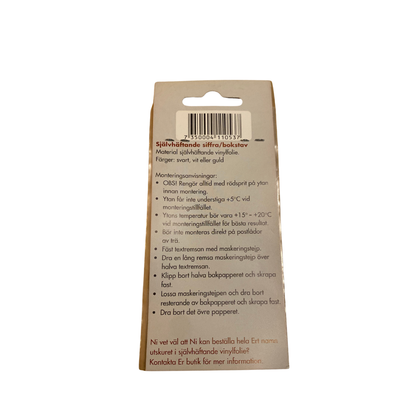 Postlådebokstav självhäftande, baksida av förpackning med monteringsanvisning och streckkod